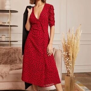 En Saison Bella‎ Midi Dress V-Neck Ruched Sleeve Red Black Animal Print S Glam